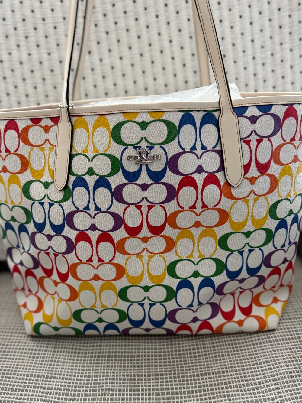 COACH City Tote Rainbow Signature Canvas Tote in Cream Trim NWOT